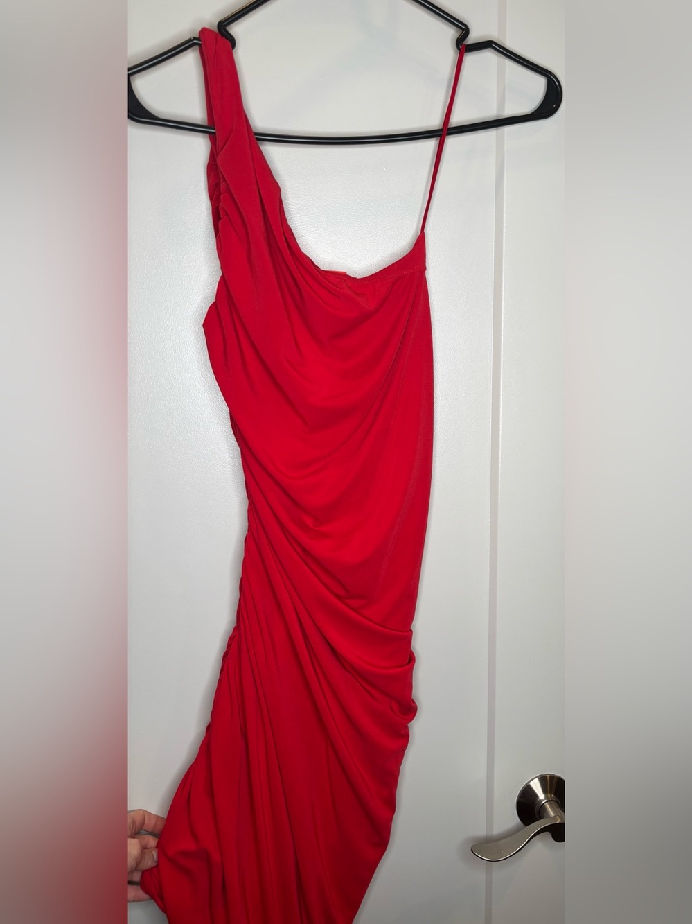 Aritzia Red One-Shoulder Ruched Midi Dress